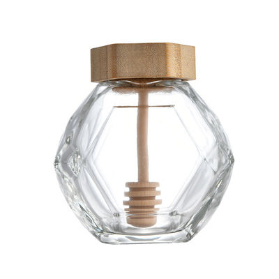 Αγορά 380ML Hexagon βάζο μελιού γυαλιού με την ξύλινη κάλυψη και τον ξύλινο φραγμό παφλασμών σε απευθείας σύνδεση κατασκευή